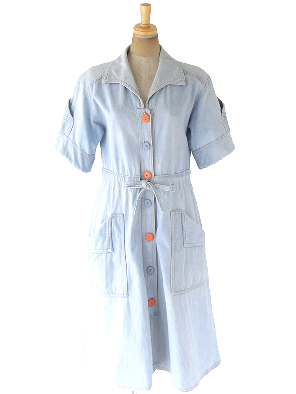 ヨーロッパ古着 フランス買い付け 60年代製 水色  通し紐ベルト ヴィンテージ デニム ワンピース 20FC115