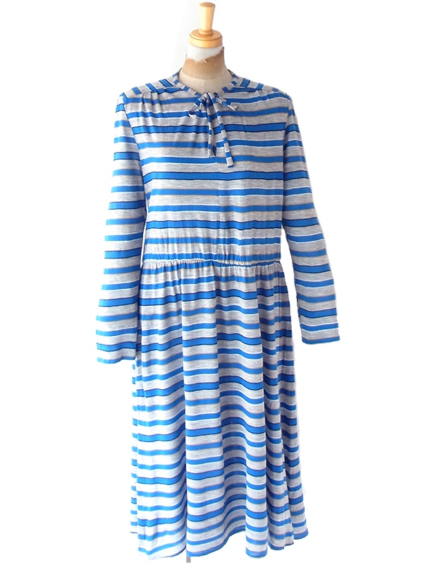 【送料無料】フランス買い付け 60年代製 グレイ X ブルー・イエロー ボーダー ヴィンテージ ワンピース 20FC302【ヨーロッパ古着】