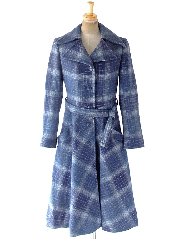 ヨーロッパ古着 フランス製 ブルー X アーガイル 共布ベルト付き ツイード コート 20FC403