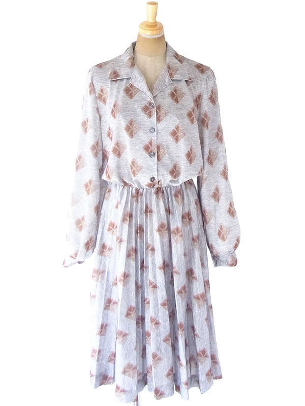 ヨーロッパ古着 フランス買い付け 70年代製 グレイ X ゴールド レトロ柄 ヴィンテージ プリーツ ワンピース 20FC408