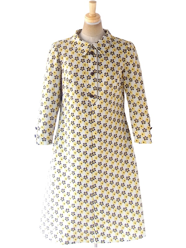 ヨーロッパ古着 フランス買い付け 70年代製 ライトグレイ X イエロー・ブラウン 花柄 Aライン ワンピース 20FC601