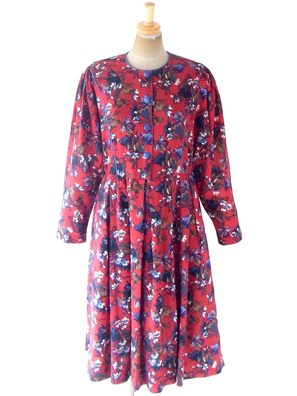 ヨーロッパ古着  フランス製 レッド X カラフル花柄 ブルーパイピング ヴィンテージ ワンピース 20FC613