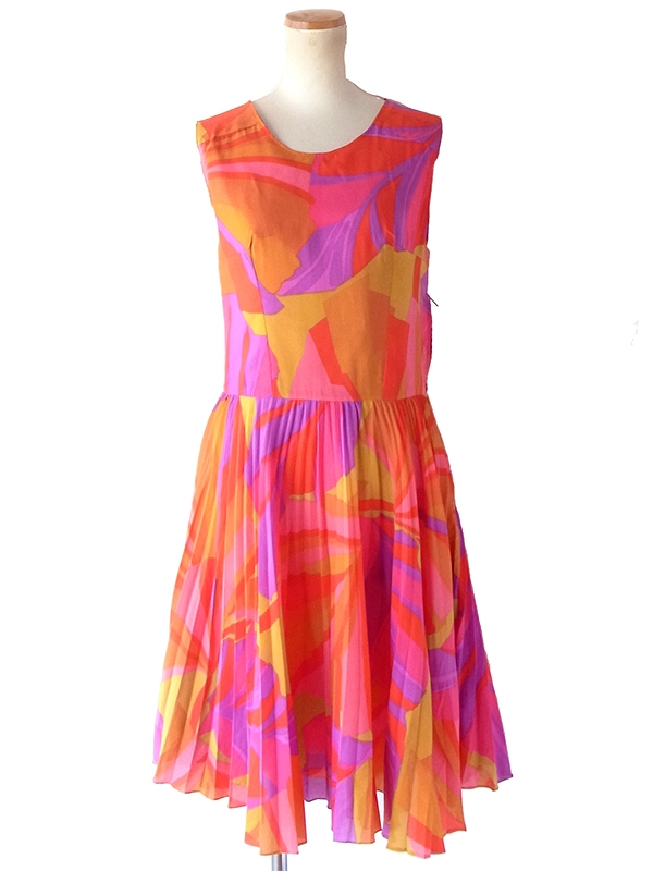 ロンドン買付け 70年代製  カラフル レトロサイケ柄 ヴィンテージ プリーツ ワンピース 2OM008
