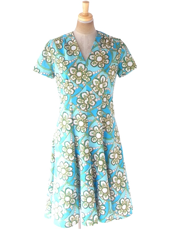 ヨーロッパ古着 60年代フランス製 水色 X グリーン・ホワイト 花柄プリント ヴィンテージ ワンピース 20OM115