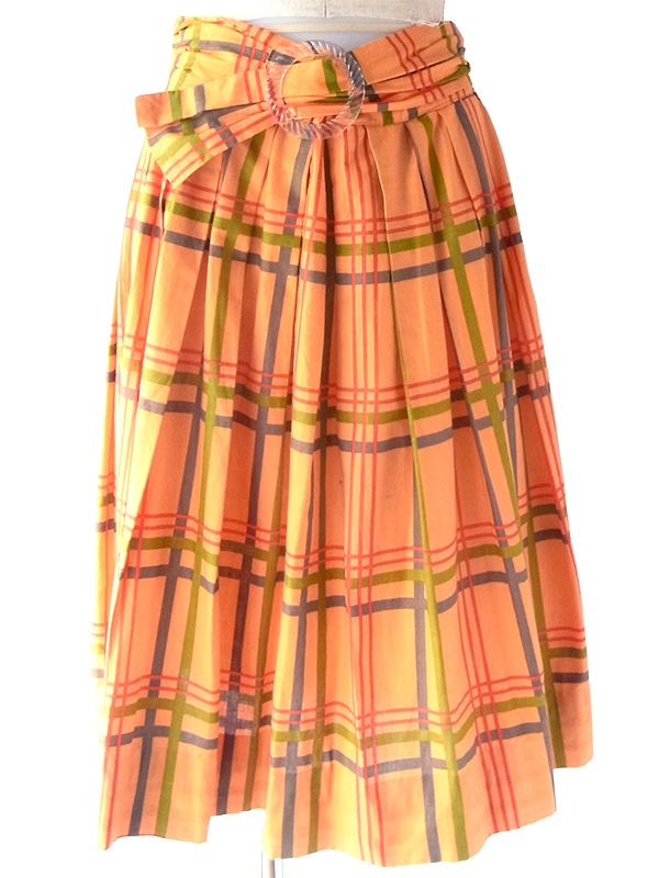 ヨーロッパ古着 イタリア製 オレンジ X チェック 共布ベルト付き フレアスカート 21BS121 