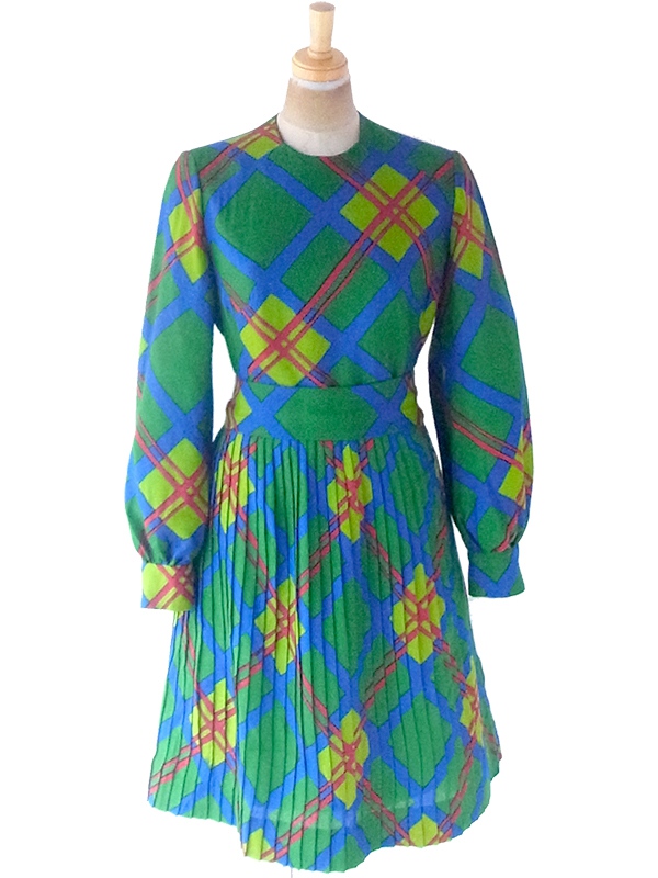 ヨーロッパ古着 60年代製 グリーン X ブルー・レッド アーガイル柄 プリーツ ワンピース 21OM901
