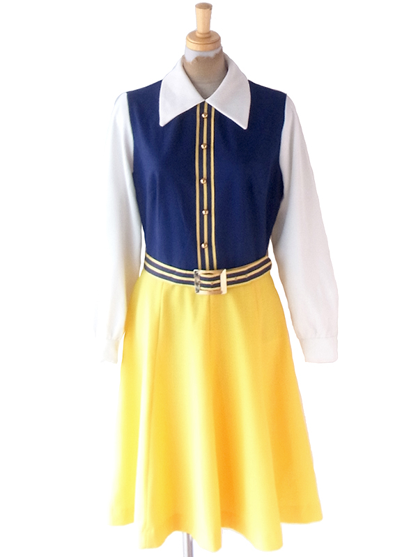 【送料無料】ロンドン買い付け 70年代製 ホワイト X イエロー・ブルー ベルト付き レトロ ワンピース 21OM910【ヨーロッパ古着】