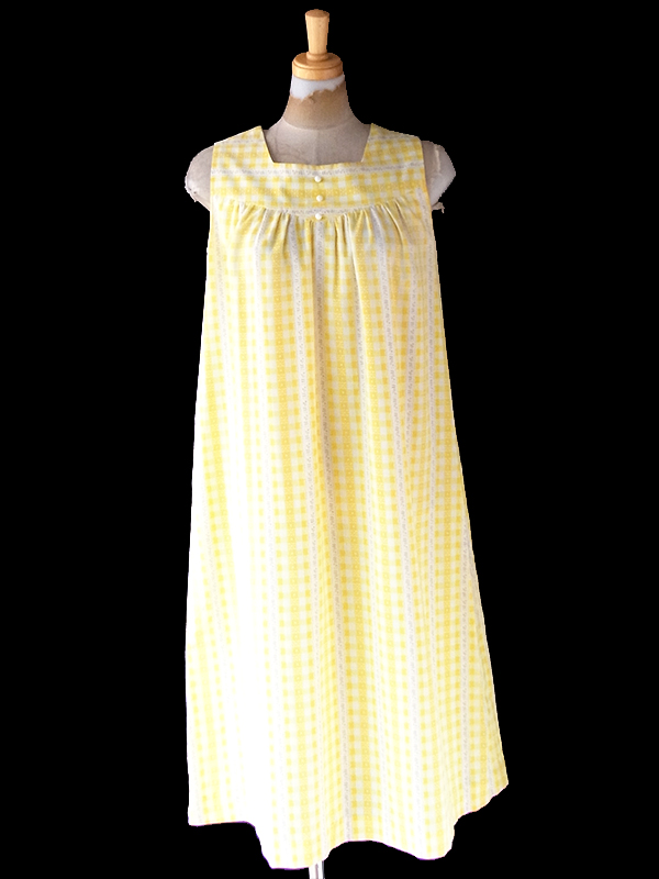 【送料無料】フランス買い付け レモンイエロー X ホワイト ギンガムチェック 花柄 チュニック ワンピース 22FC205【ヨーロッパ古着】