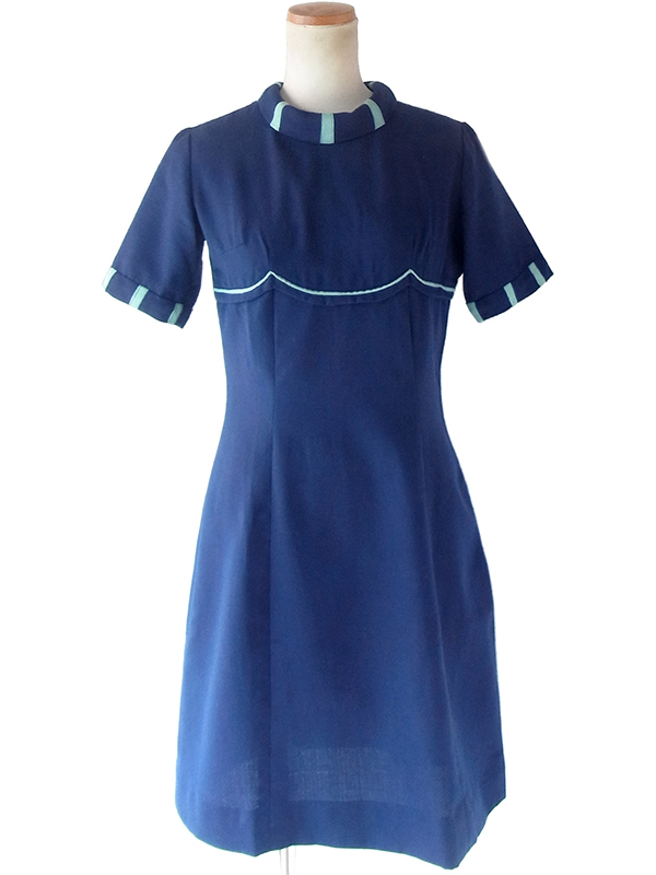 ヨーロッパ古着 フランス買い付け 60年代製 ロイヤルブルー X 水色 ストライプ 胸元スカラップデザイン ワンピース 22FC315