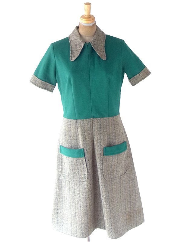 ヨーロッパ古着 ロンドン買い付け 60年代製 サイプレスグリーン X ツイード 生地切り返し ポケット付き ワンピース 22OM704