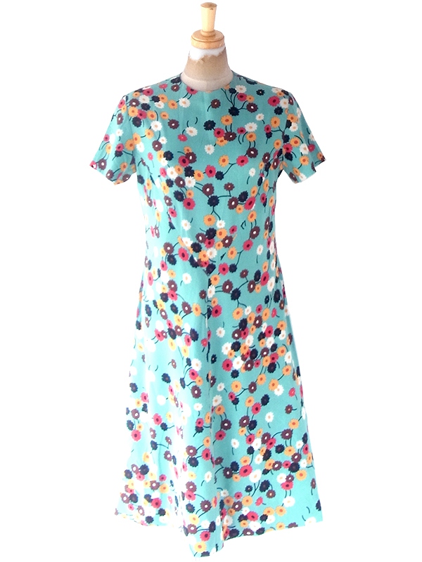 ヨーロッパ古着 フランス買い付け 60年代製 ミントグリーン X カラフル レトロ花柄 ヴィンテージ ワンピース 22OM103