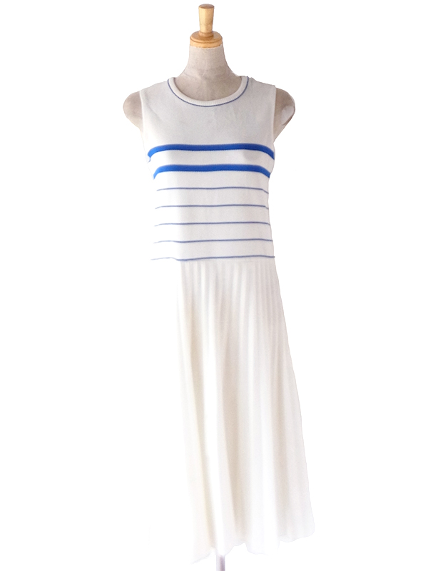ヨーロッパ古着 ロンドン買い付け 70年代製 ホワイト X ブルー ボーダー アンブレラプリーツ ワンピース 20OM207
