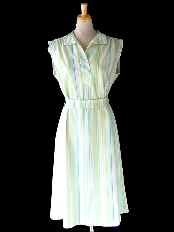 ヨーロッパ古着 ロンドン買い付け 70年代製 ライムグリーン X カラフル ストライプ 共布ベルト付き ワンピース 22OM208