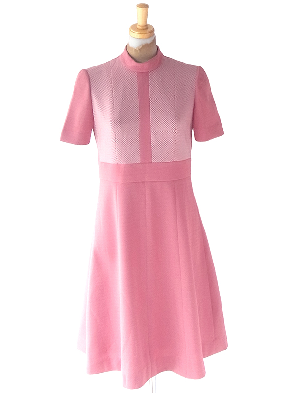 ヨーロッパ古着 ロンドン買い付け 70年代製 ピンク X ファネルネック ヴィンテージ ワンピース 22OM306