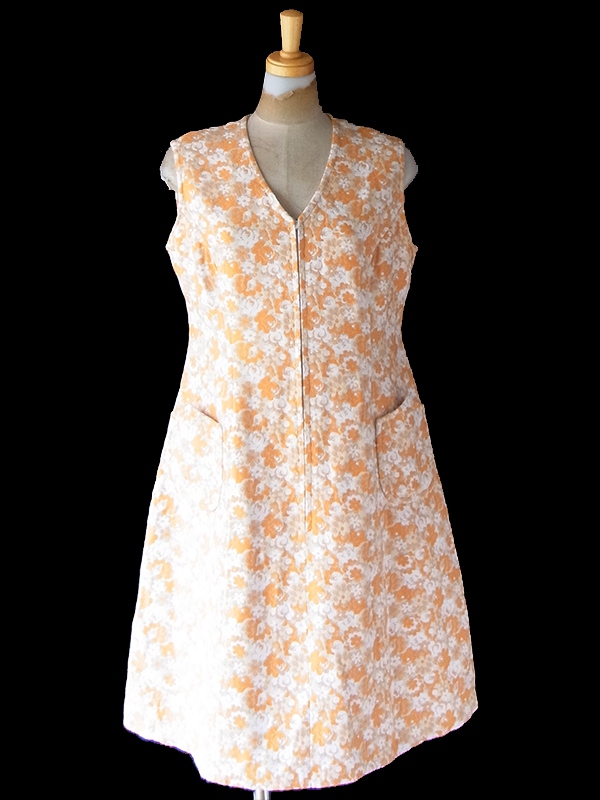 ヨーロッパ古着 フランス買い付け 60年代製 ライトベージュ X オレンジ・ホワイト 花柄織り ワンピース 22FC002