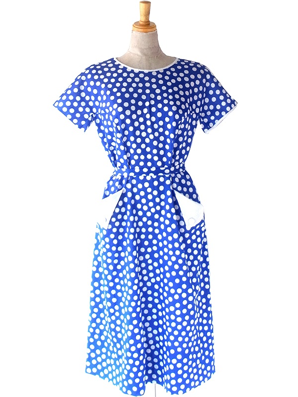 70年代フランス製 ブルー X ホワイト 水玉 ヴィンテージ ワンピース 23FC004