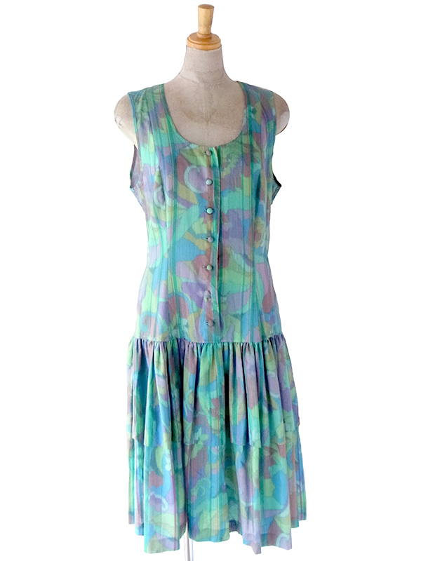 ヨーロッパ古着 フランス買い付け 70年代製 水色 X 水彩の様な花がら ヴィンテージ ティアード ワンピース  23FC009