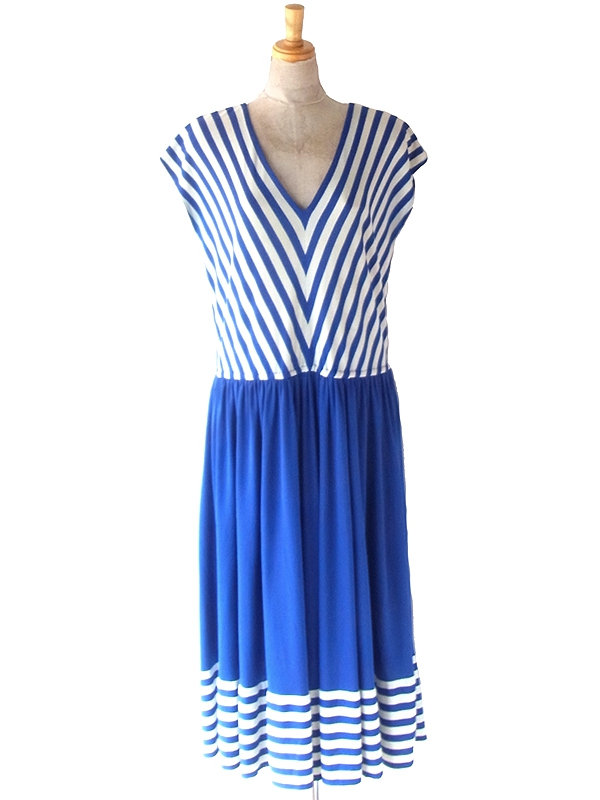 ヨーロッパ古着 フランス買い付け 70年代製 ブルー X ホワイト バイアス柄 ヴィンテージ ワンピース 24FC004