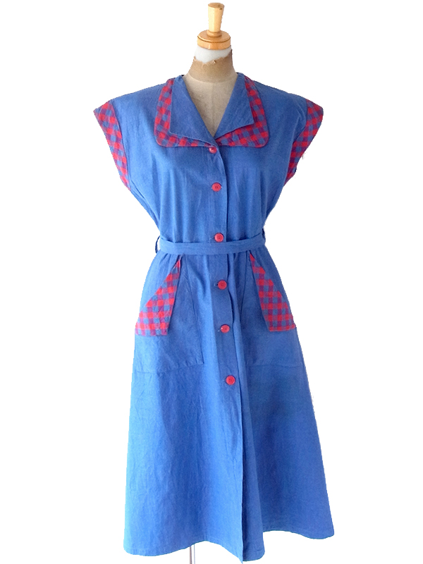 ヨーロッパ古着 フランス買い付け 60年代製 インディゴブルー X レッド マドラスチェック 共布ベルト付き ワンピース 24FC007