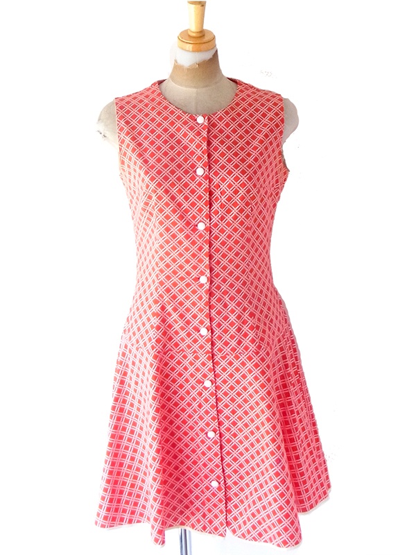 ヨーロッパ古着 フランス買い付け 60年代製 レッド X ホワイト ロープ柄 ヴィンテージ ワンピース 24FC012