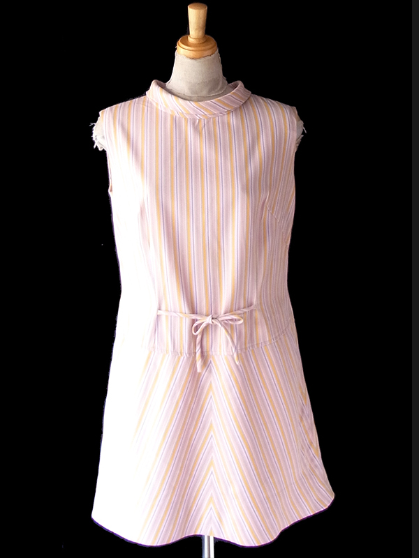 ヨーロッパ古着 フランス買い付け 60年代製 ピンク X カラフル ストライプ ヴィンテージ ワンピース 24FC113