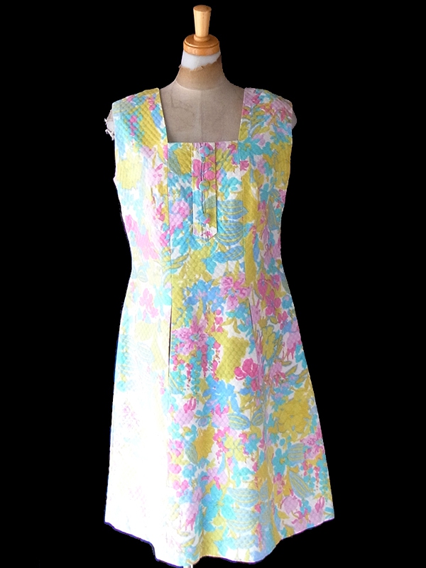 ヨーロッパ古着 フランス買い付け 60年代製 ホワイト X カラフル ボタニカル柄 ポケット付き ワンピース 24FC202