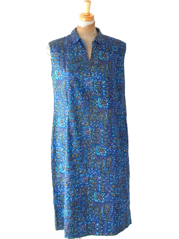 ヨーロッパ古着 フランス買い付け 70年代製 ブルー X グリーン レトロ柄 ヴィンテージ ワンピース 24FC203