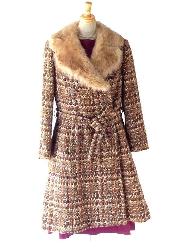 ヨーロッパ古着 フランス買い付け 60年代製 ブラウン X ウール ツイード ファー襟 コート 24FC300