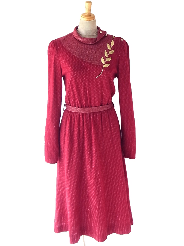 ヨーロッパ古着 フランス買い付け 70年代製 ボルドー X ゴールド ラメ リーフ柄 共布ベルト付き ワンピース 24FC305