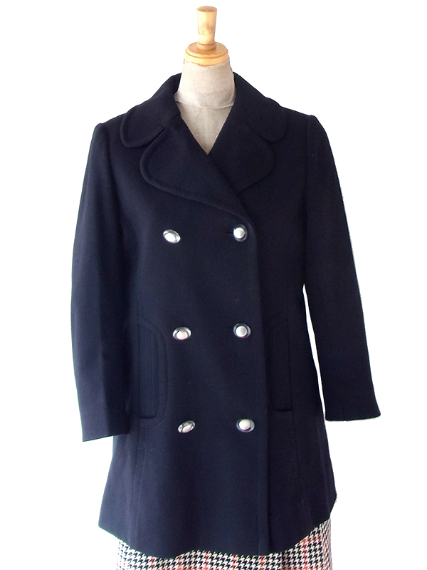 ヨーロッパ古着 70年代製 Pierre Cardin ネイビーX ダブルブレスト ウール ピーコート 24NS001