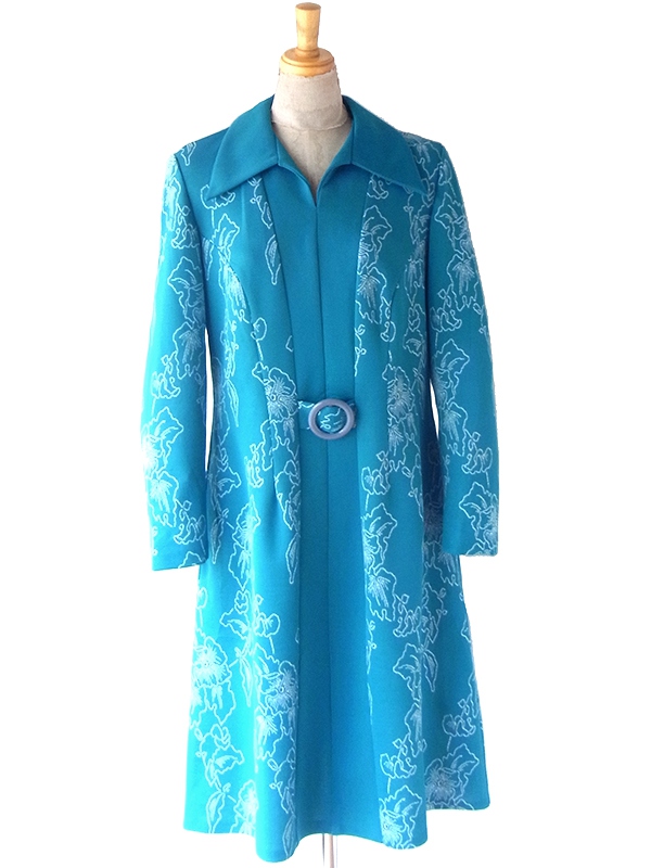 ヨーロッパ古着 ロンドン買付け 70年代製 ターコイズブルー X ホワイト 花柄 ヴィンテージ ワンピース 24OM000 