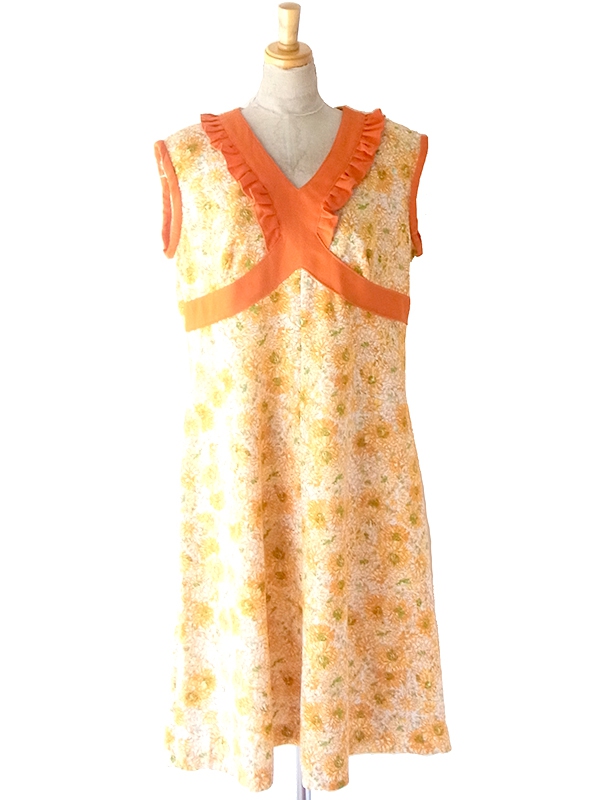 ヨーロッパ古着 ロンドン買い付け 70年代製 オレンジ X 花柄 ヴィンテージ ワンピース 24OM012