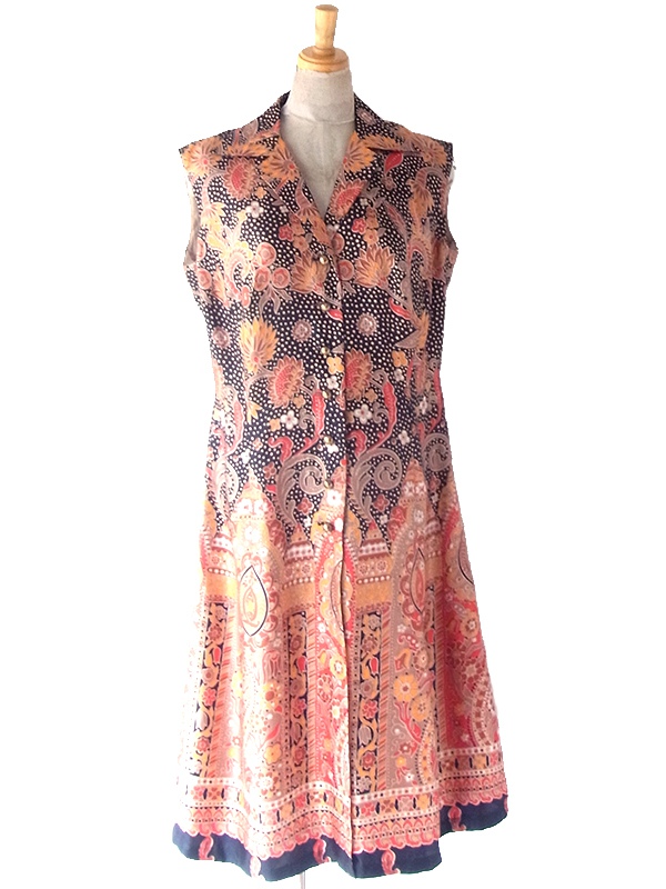 【送料無料】ロンドン買付け 70年代製 オレンジ X ブラック  ペイズリー柄 ヴィンテージ ワンピース 24OM022【ヨーロッパ古着】