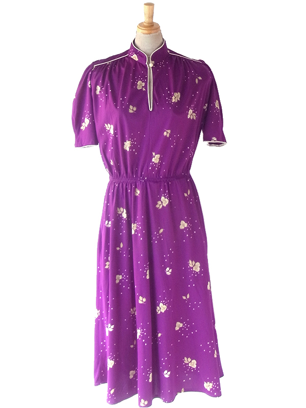 ロンドン買い付け 70年代製 パープル X ベージュ 花柄 ヴィンテージ ワンピース 24OM039