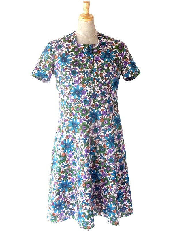 ヨーロッパ古着 ロンドン買い付け 70年代製 ホワイト X カラフル 花柄 ヴィンテージ ワンピース 24OM101