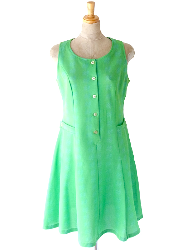 ヨーロッパ古着 ロンドン買い付け 70年代製 グリーン X ブルー 花柄プリント ヴィンテージ ワンピース 24OM103