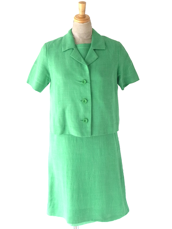 ヨーロッパ古着 60年代製 ブライトグリーン ジャケット X ワンピース ヴィンテージ セットアップ 24WB010
