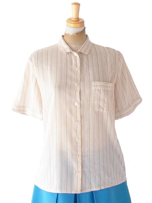 ヨーロッパ古着 60年代イギリス製 JAEGER ベージュ X レッド・グリーン ピンストライプ ヴィンテージ シャツ 24WB013