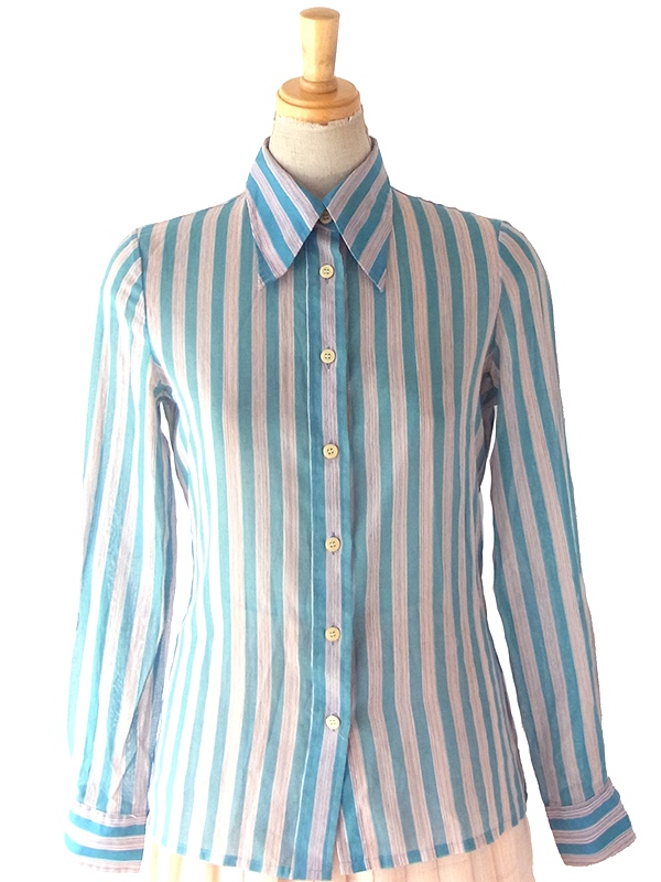 ヨーロッパ古着 60年代製 ブルー X オレンジ ピンストライプ ヴィンテージ ブラウス 24WB030