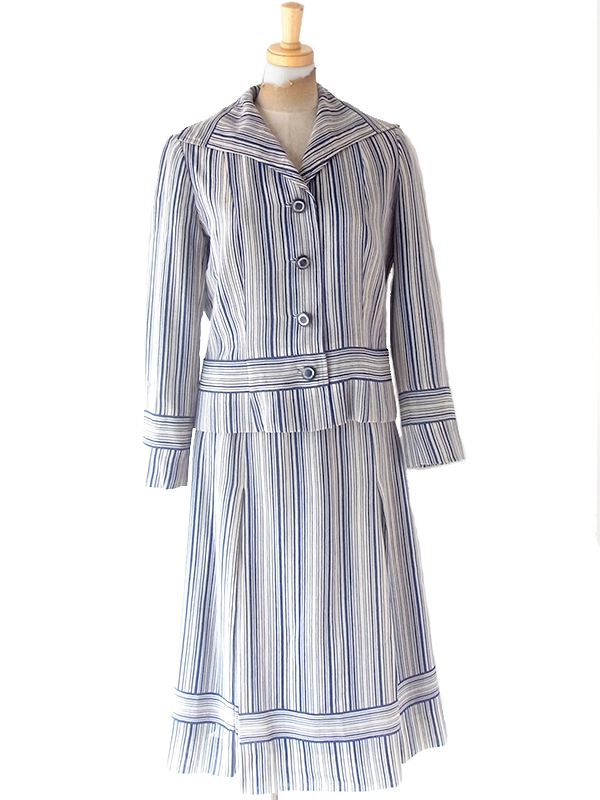 【送料無料】60年代日本製 ホワイト X ブルー ストライプ ジャケット スカート セットアップ 24WB040【レトロ古着】