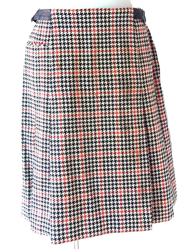 60年代製 ベージュ X ブラック・レッド 千鳥格子 コインポケット付き ウール プリーツ スカート 24WB072