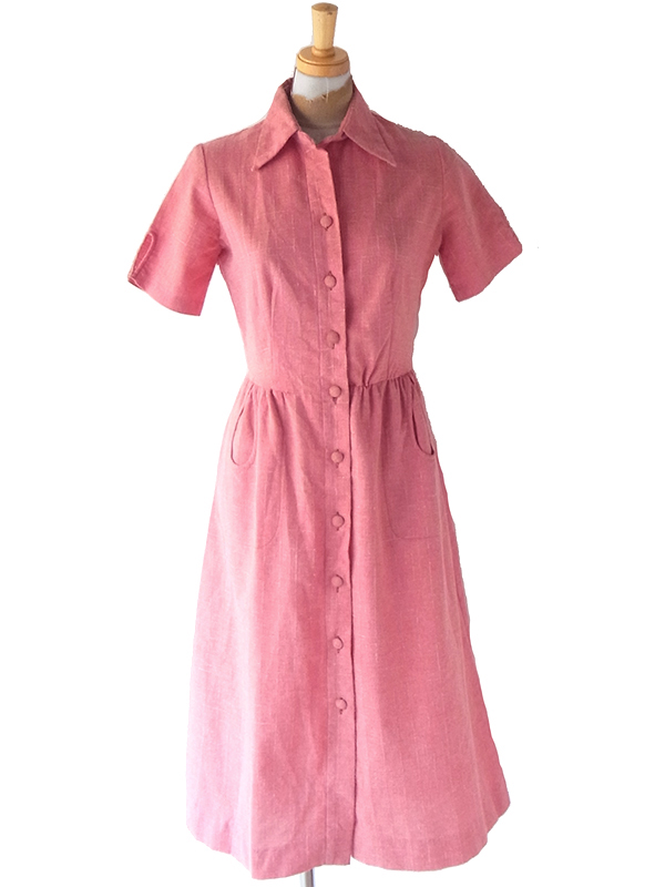 ヨーロッパ古着  60年代フランス製 マゼンダピンク X デザインポケット付き ヴィンテージ ワンピース 25FC005