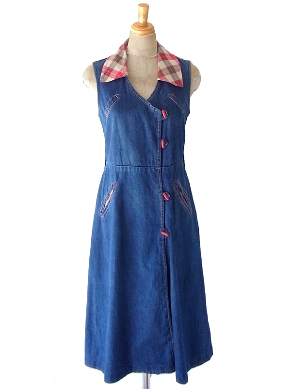 【送料無料】フランス買い付け 60年代製 鮮やかなインディゴ X チェック柄生地切り返し デニムワンピース 25FC101【ヨーロッパ古着】