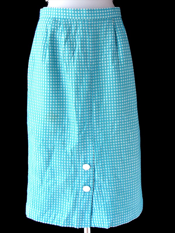 ヨーロッパ古着 フランス買い付け 60年代製 水色 X ホワイト ワッフル地 水玉 ヴィンテージ スカート 25FC104