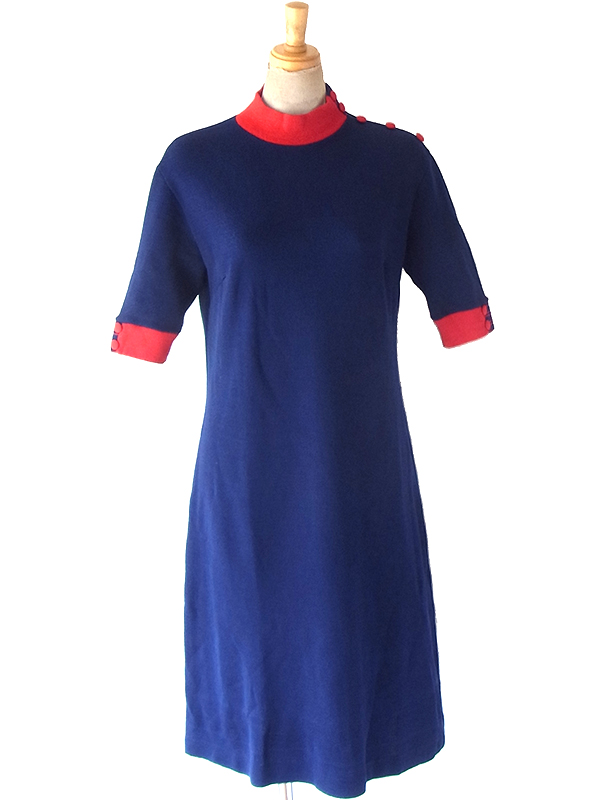 ヨーロッパ古着 フランス買付け ネイビー X レッド ファネルネック Aライン ヴィンテージワンピース 25FC112