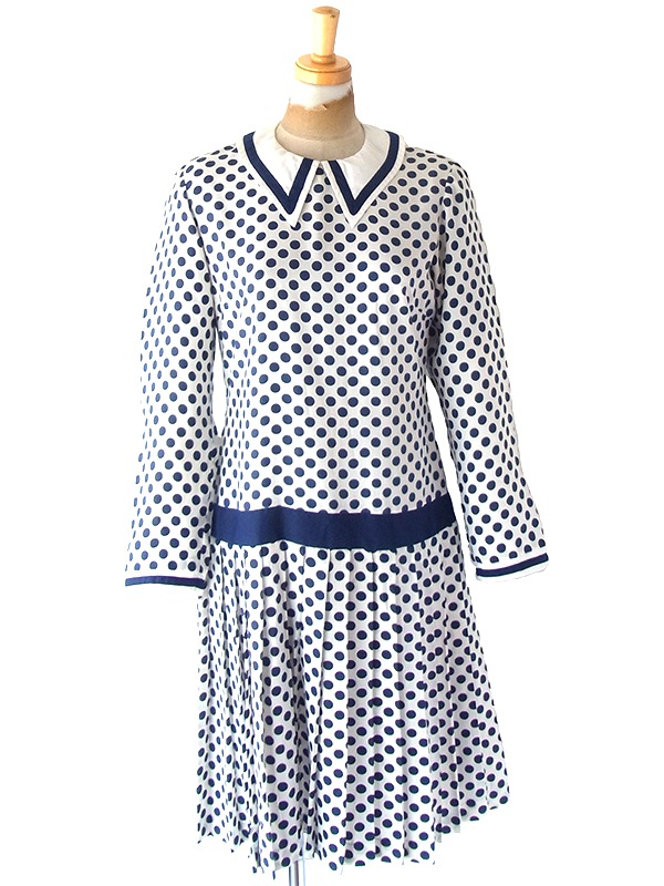 ヨーロッパ古着 フランス買い付け 70年代製 ホワイト X ブルー 水玉 ヴィンテージ ワンピース 25FC114