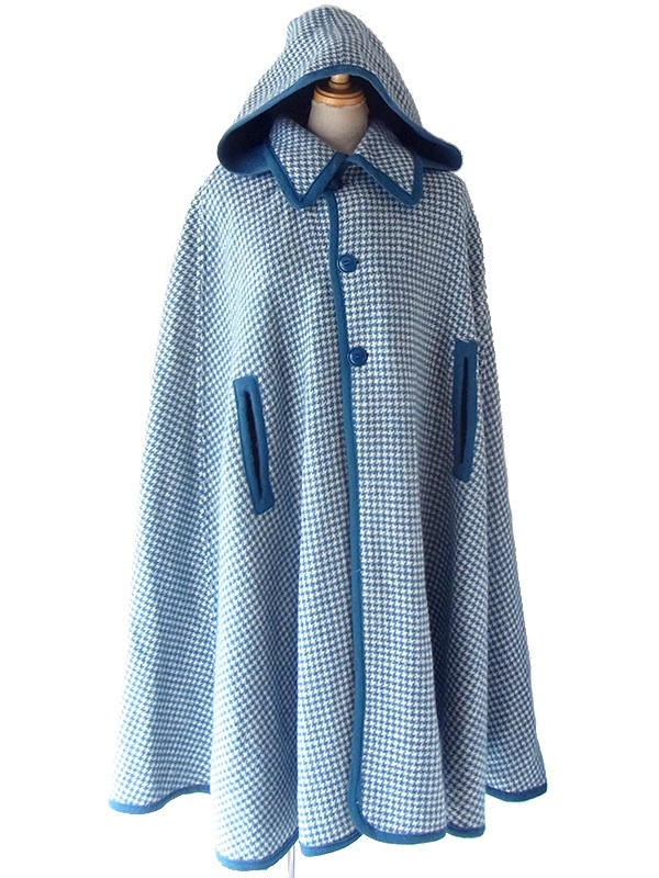 【送料無料】フランス買い付け 60年代製 水色 X 千鳥格子 フード着脱可 ヴィンテージ マント 25FC122【ヨーロッパ古着】
