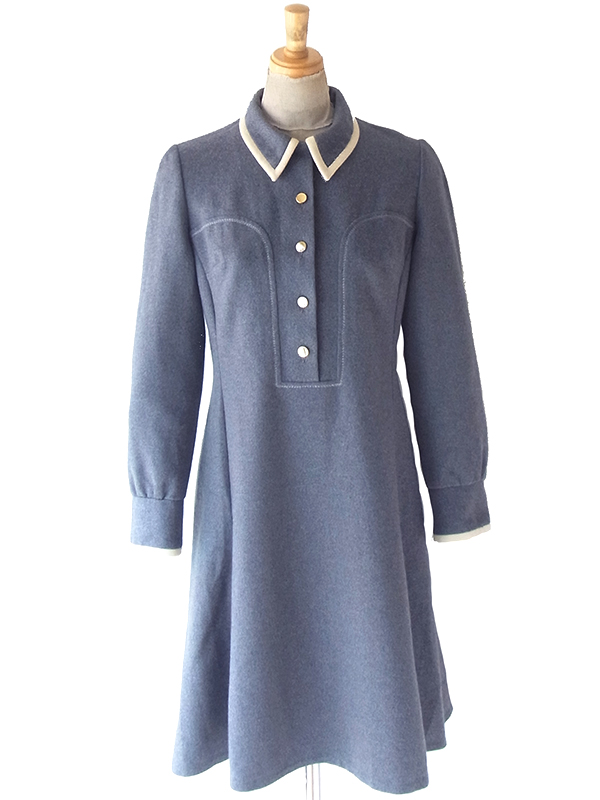 ヨーロッパ古着 フランス買い付け 60年代製 グレイ X ホワイトライニング Aライン ヴィンテージ ワンピース 25FC200