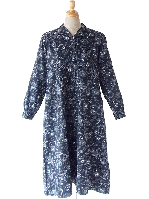 ヨーロッパ古着 フランス買い付け 60年代製 ネイビー X アイスグレイ ペイズリー柄 ポケット付き ヴィンテージ ワンピース 25FC202