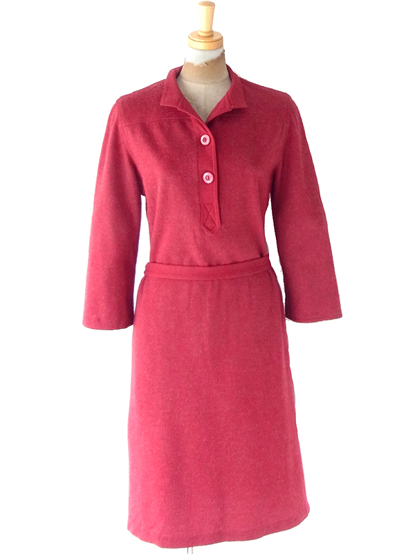 ヨーロッパ古着 60年代フランス製 ボルドー X 共布ベルト付き ヴィンテージ モヘア混 ワンピース 25FC207